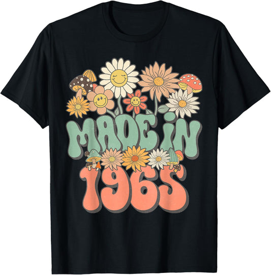 Retro Groovy Made In 1965 Floral Hippie Daisy 60th Birthday T-Shirt - T-Shirt | Black