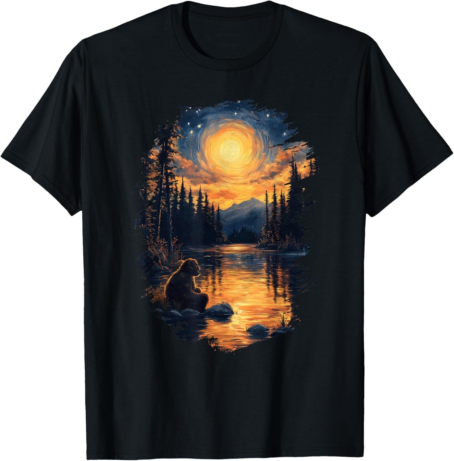 Bigfoot Starry Night Forest Sasquatch Van Gogh Art T-Shirt - T-Shirt | Black