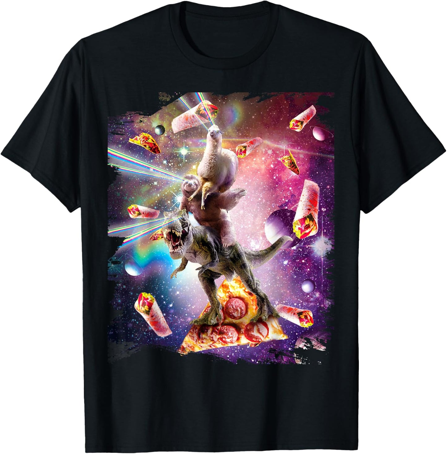 Laser Eyes Space Llama On Sloth Dinosaur - Rainbow T-Shirt - T-Shirt | Black