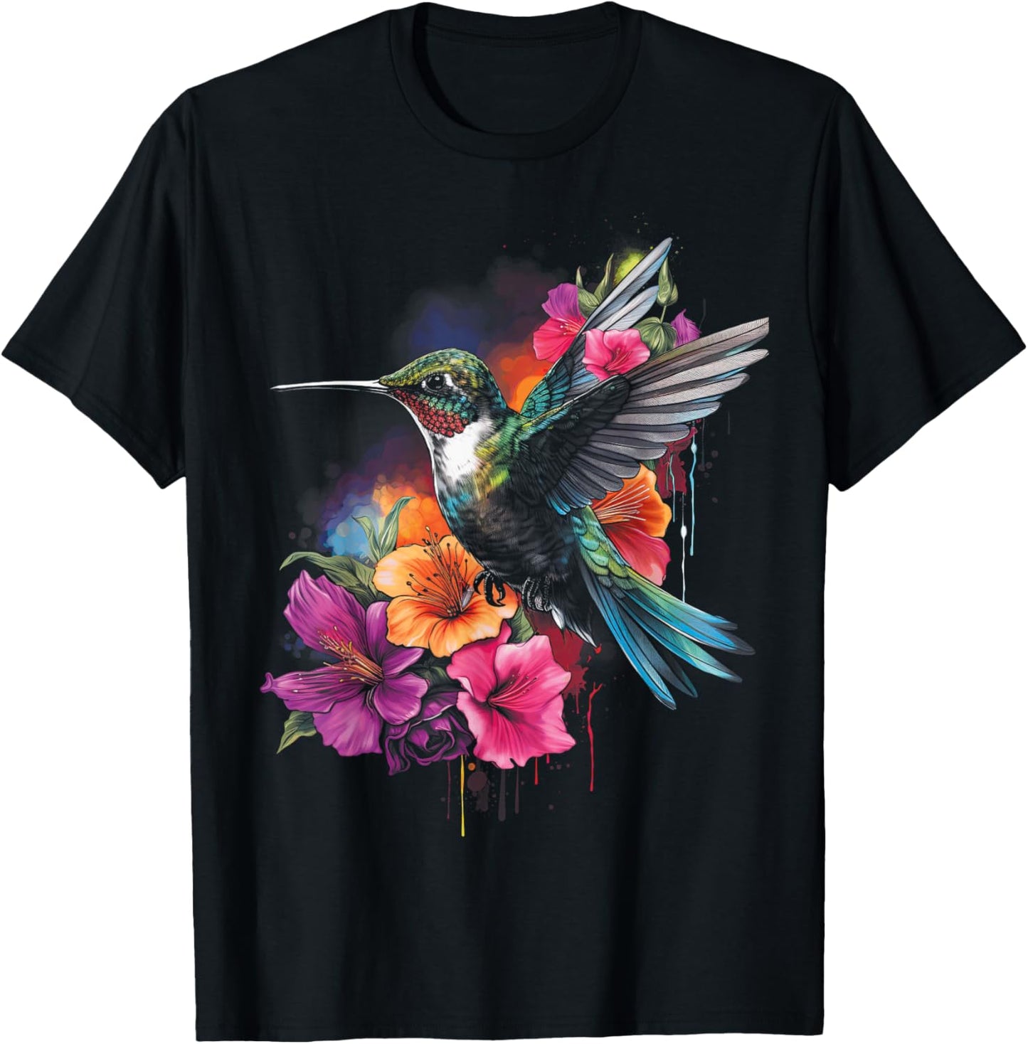 Hummingbird Floral Bird Artwork T-Shirt - T-Shirt | Black