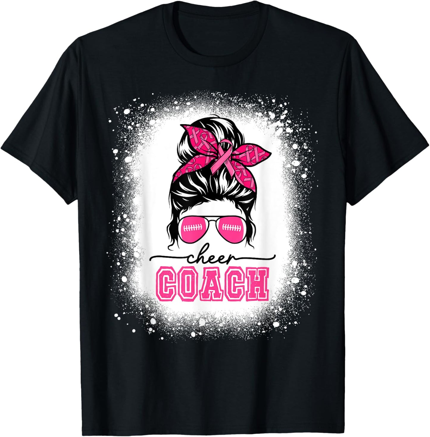 Football Messy Bun Mom Cheer Coach Breast Cancer Bleached T-Shirt - T-Shirt | Black