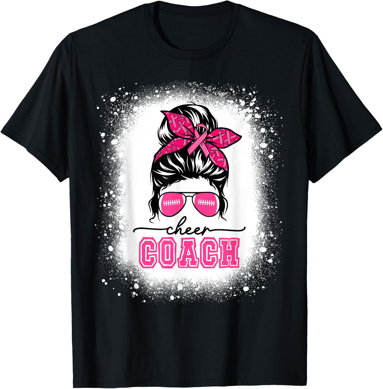 Football Messy Bun Mom Cheer Coach Breast Cancer Bleached T-Shirt - T-Shirt | Black