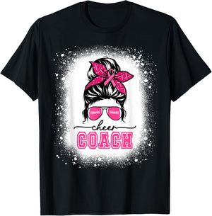 Football Messy Bun Mom Cheer Coach Breast Cancer Bleached T-Shirt - T-Shirt | Black