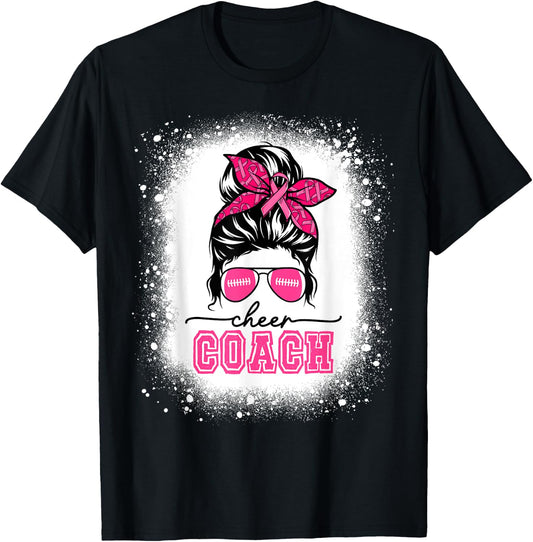 Football Messy Bun Mom Cheer Coach Breast Cancer Bleached T-Shirt - T-Shirt | Black