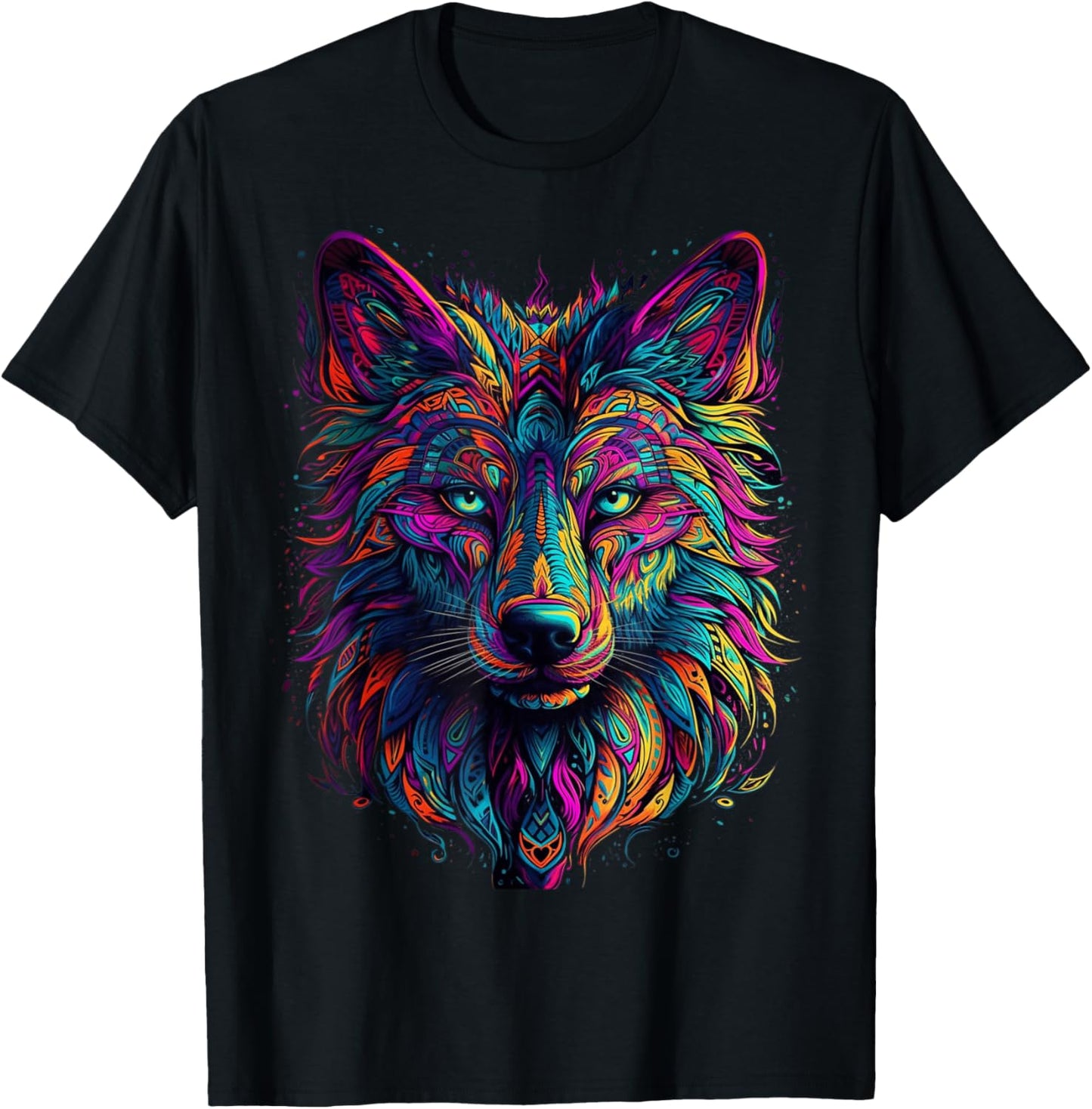 Colorful Wolf | Psychedelic Art Trippy Hippie Men Women T-Shirt - T-Shirt | Black