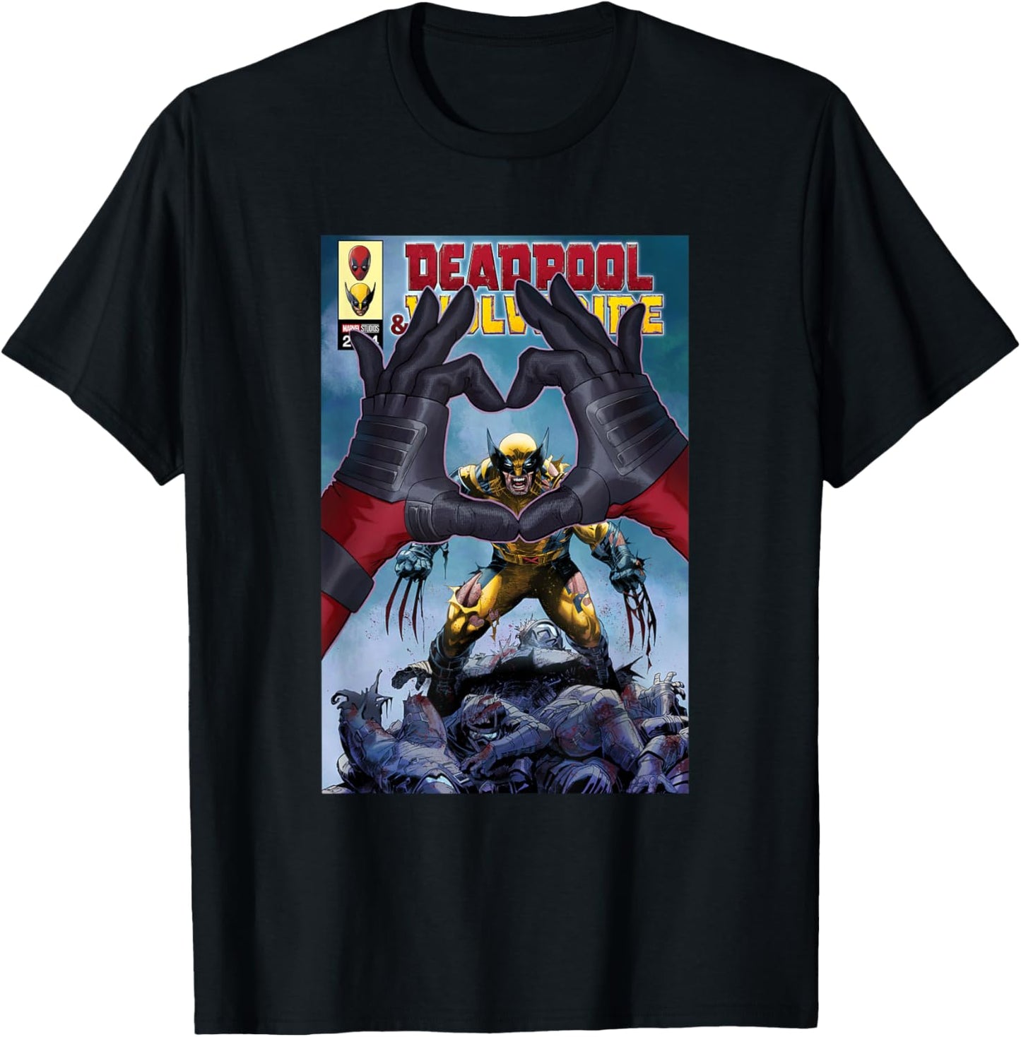 Marvel Studios Deadpool & Wolverine Comic Cover Hand Heart T-Shirt - T-Shirt | Black