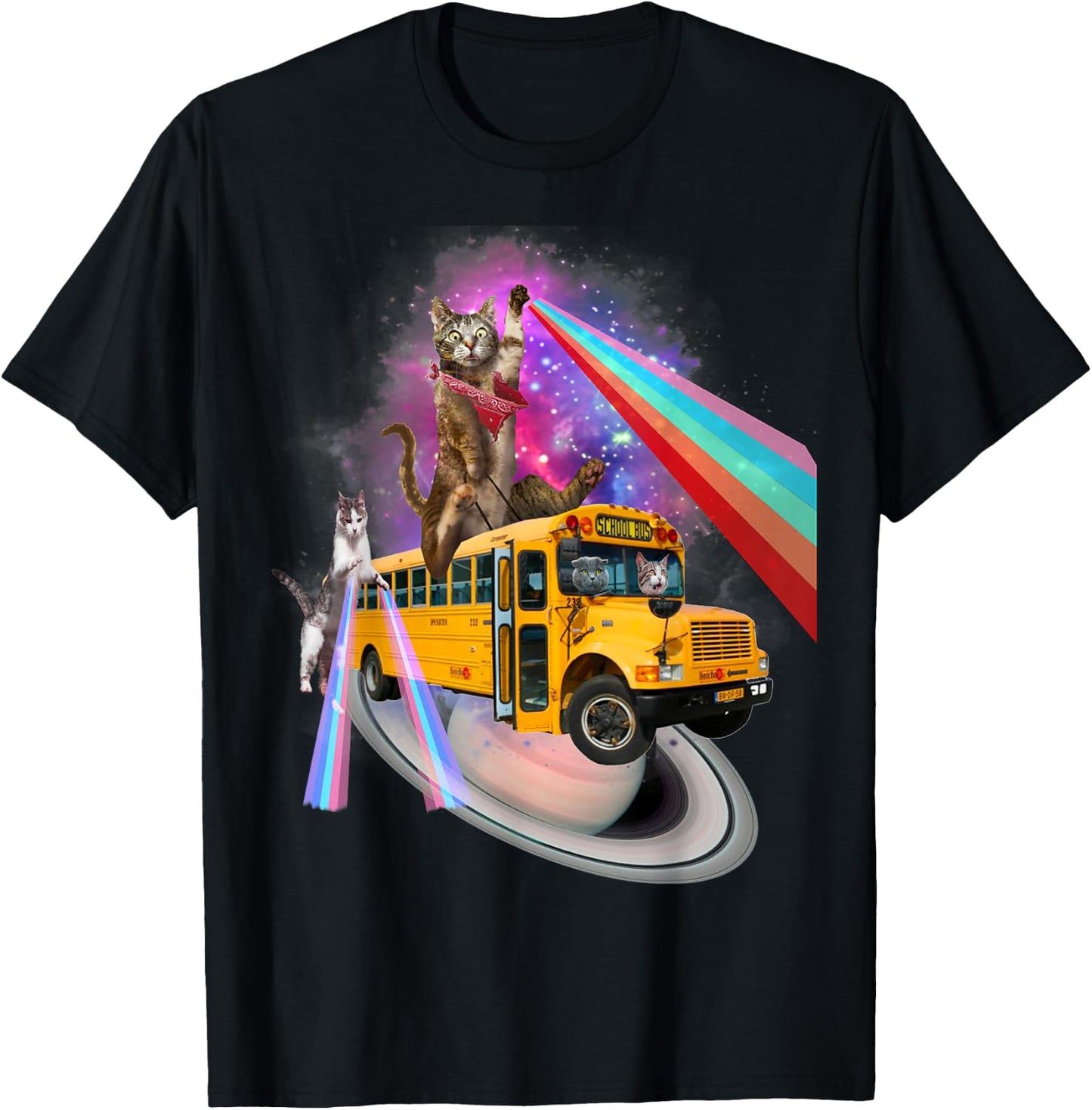 Awesome Back To School Cat Bus Rainbow Outer Space Retro Men Women Kids T-Shirt - T-Shirt | Black