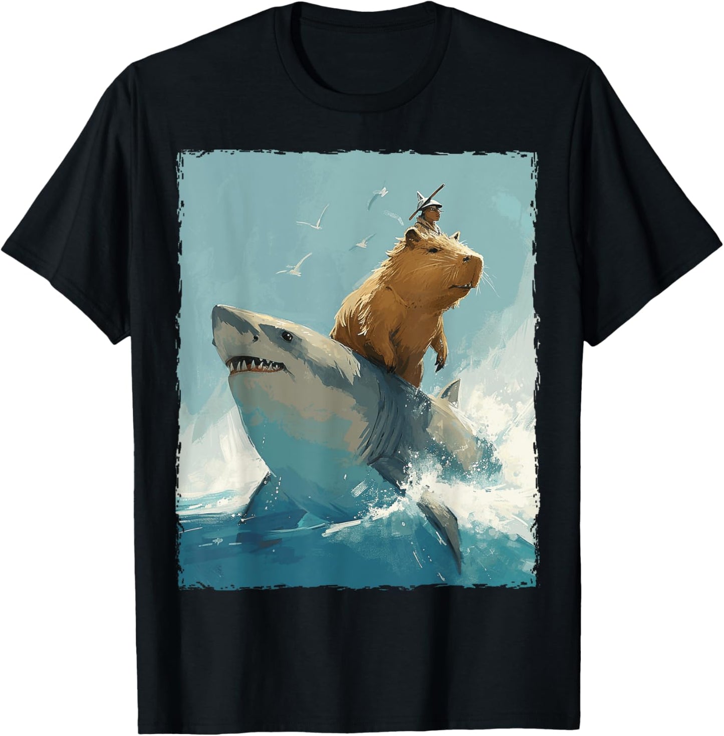 Capybara Is Riding A Shark T-Shirt - T-Shirt | Black