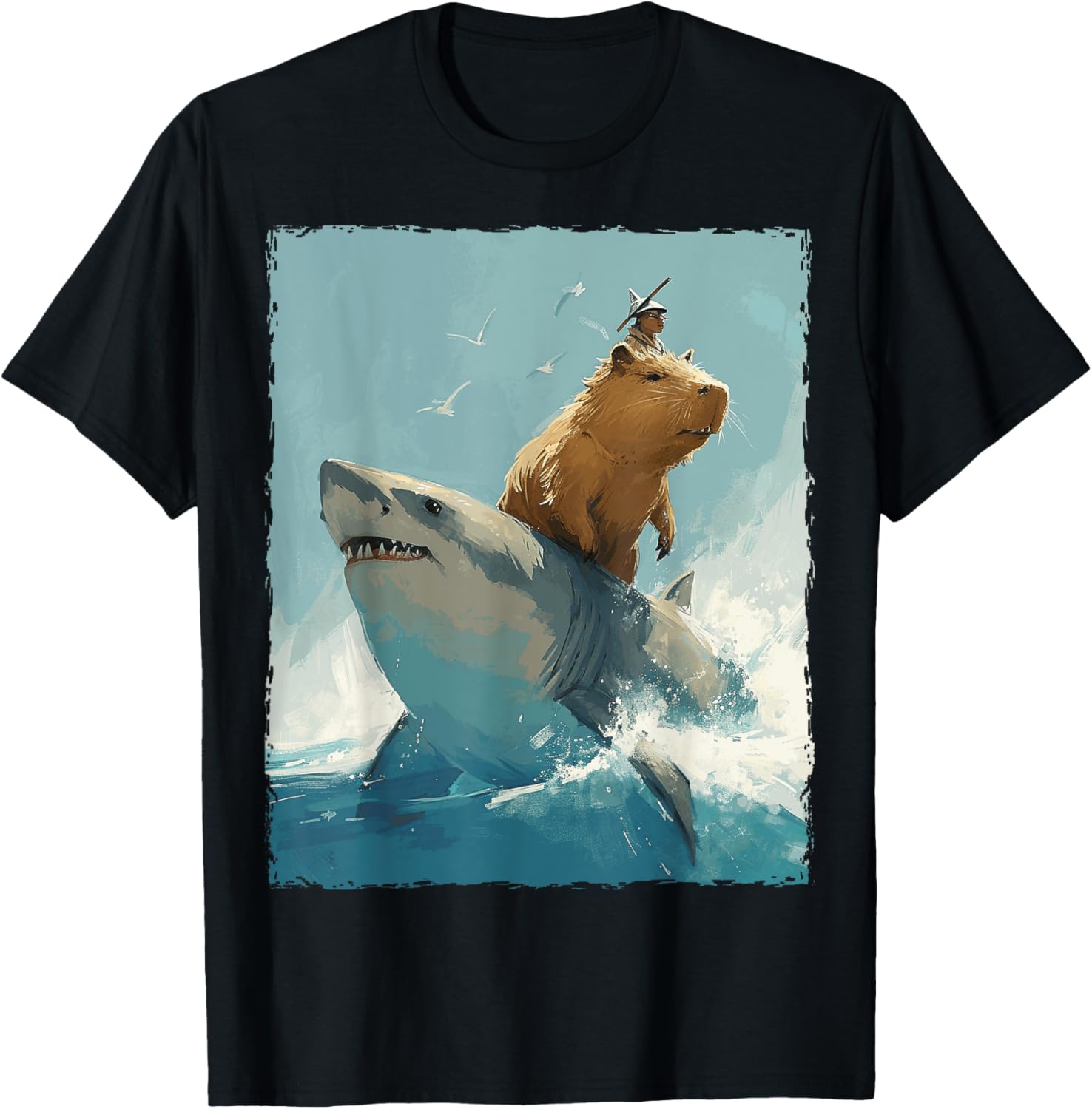Capybara Is Riding A Shark T-Shirt - T-Shirt | Black