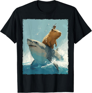 Capybara Is Riding A Shark T-Shirt - T-Shirt | Black
