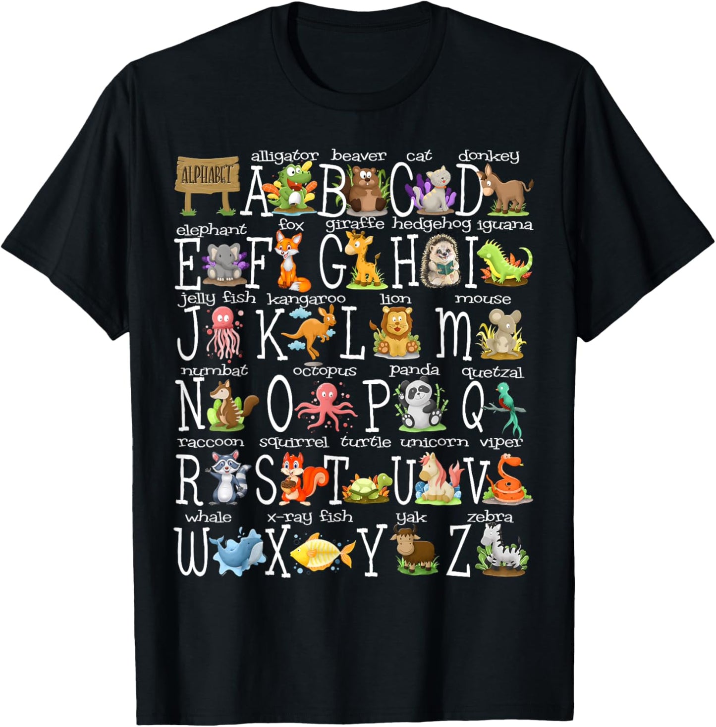 Back to School Kids Cute Animals A-Z Alphabet ABCs Teacher T-Shirt - T-Shirt | Black