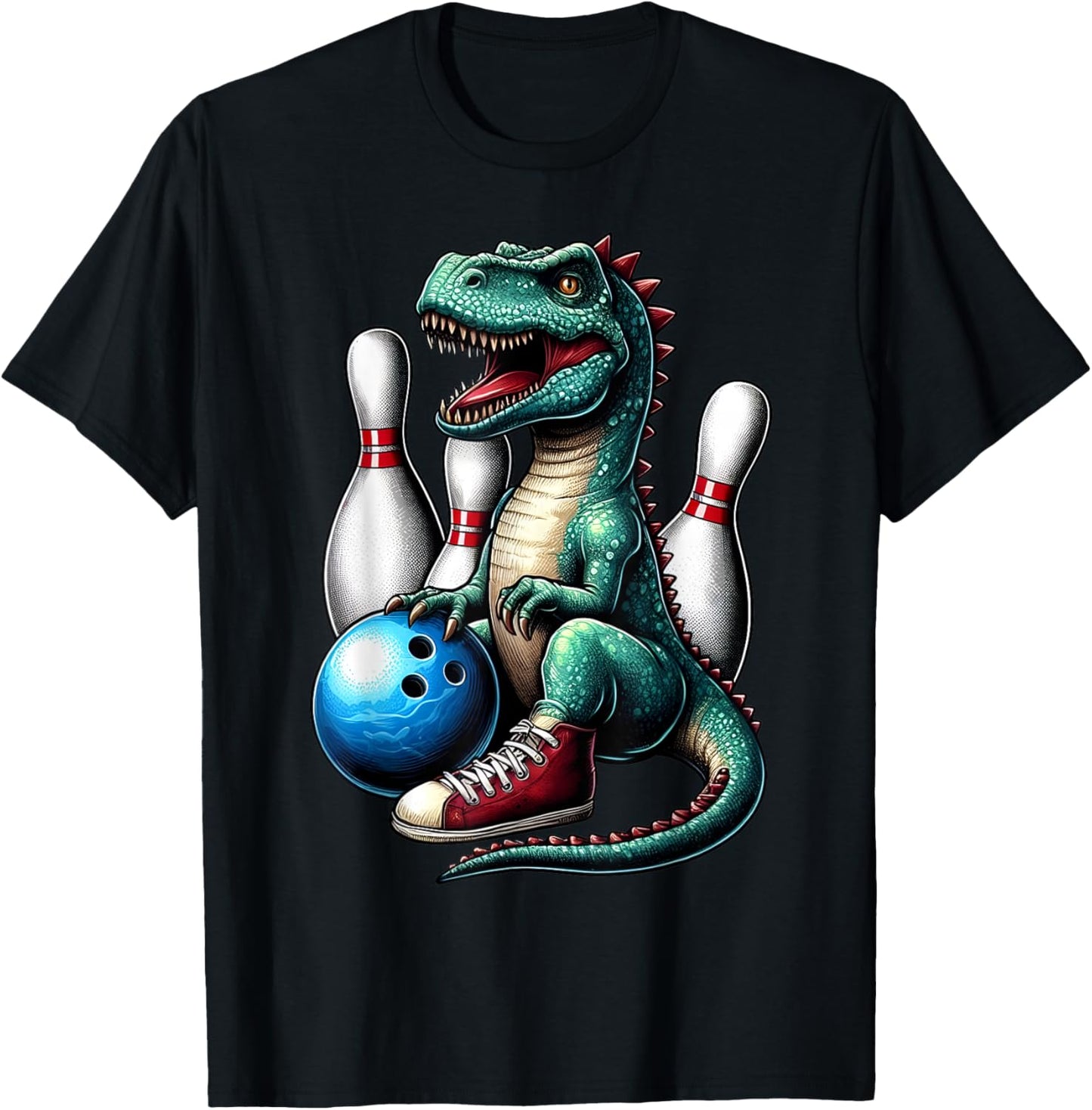 Dinosaur Bowling Ball Graphic Funny Dino Bowler Kids Adults T-Shirt - T-Shirt | Black