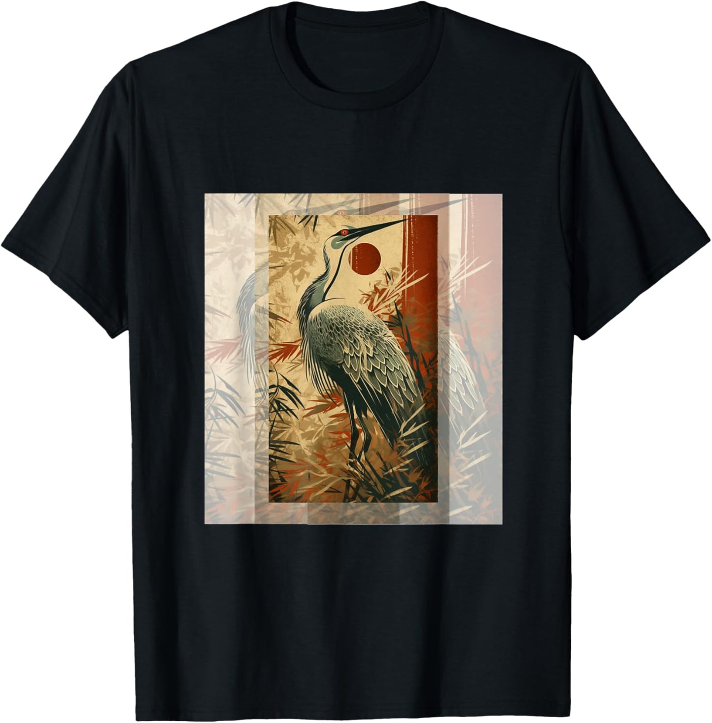 Vintage Japanese Fine Art Crane Bamboo and Iris Japan T-Shirt - T-Shirt | Black