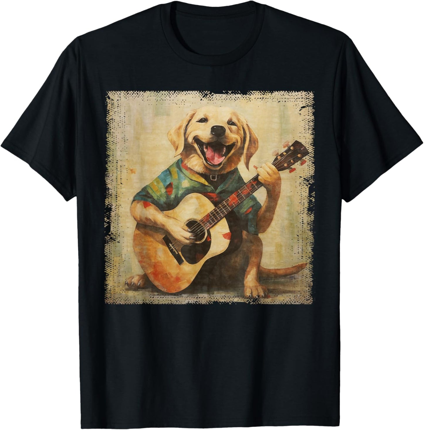 Colorful Oil Painting Of A Labrador Dog Lab Playing Guitar Men Women Girls Kids T-Shirt - T-Shirt | Black