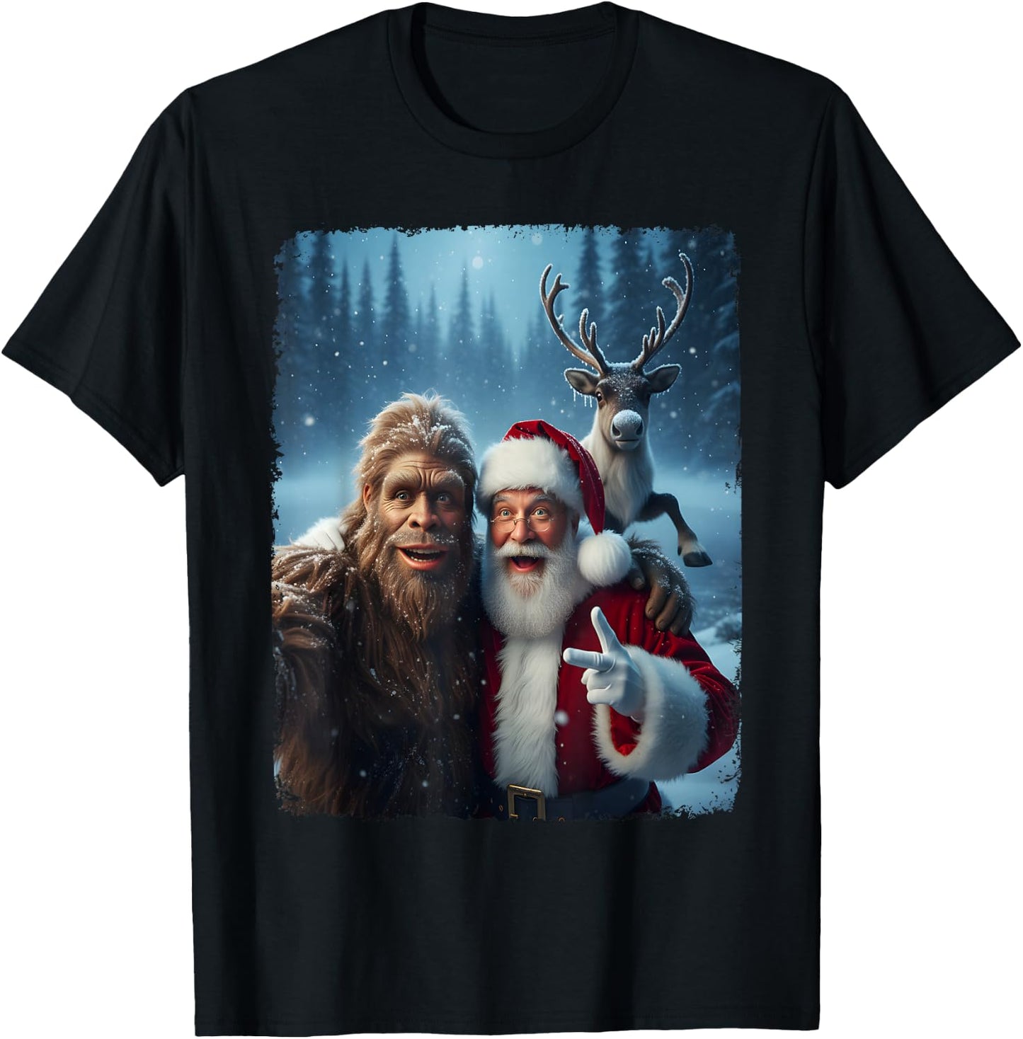 Santa Claus Bigfoot Selfie Top Xmas Meme Funny Christmas T-Shirt - T-Shirt | Black