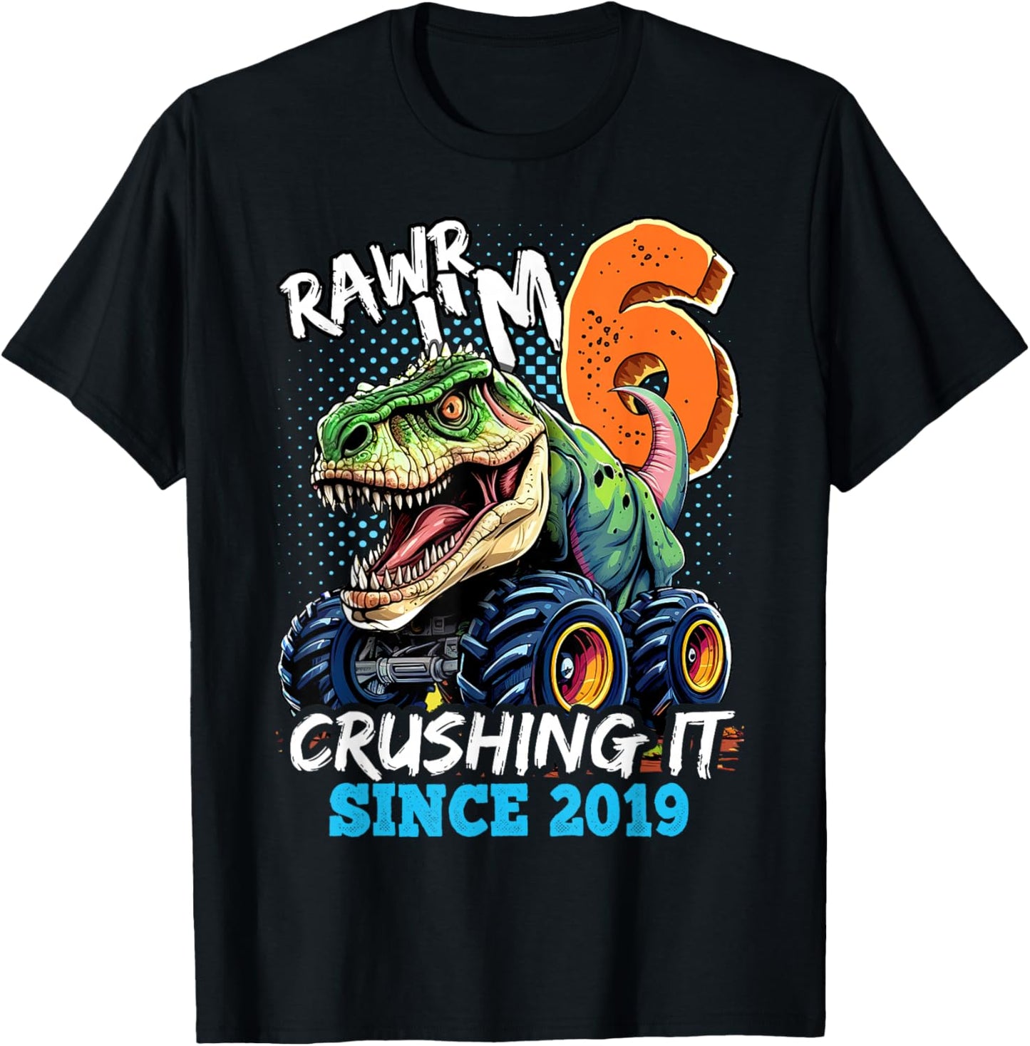 6th Birthday Monster Truck Dinosaur Party Boys Rawr I'm 6 T-Shirt - T-Shirt | Black
