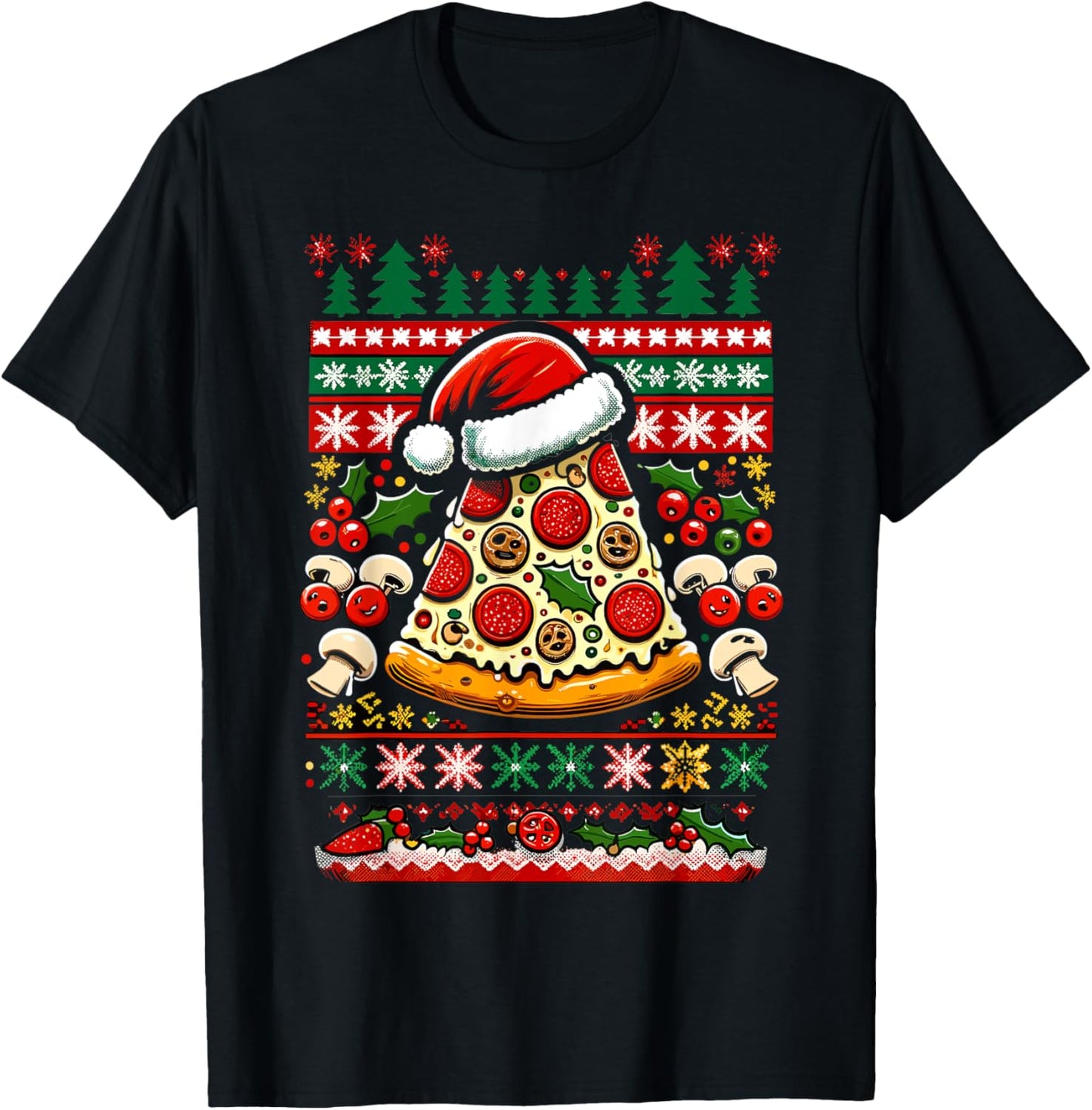 Festive Christmas Pizza Party Ugly Sweater T-Shirt - T-Shirt | Black