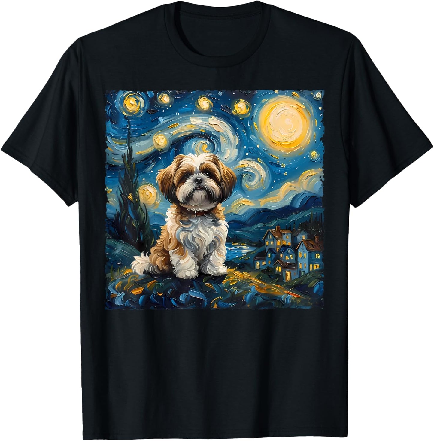 Shih Tzu Dog Lovers The Starry Night Van Gogh Style Painting T-Shirt - T-Shirt | Black
