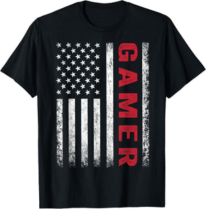 American Flag Funny Gamer Gift Video Games Boys Men Gaming T-Shirt - T-Shirt | Black