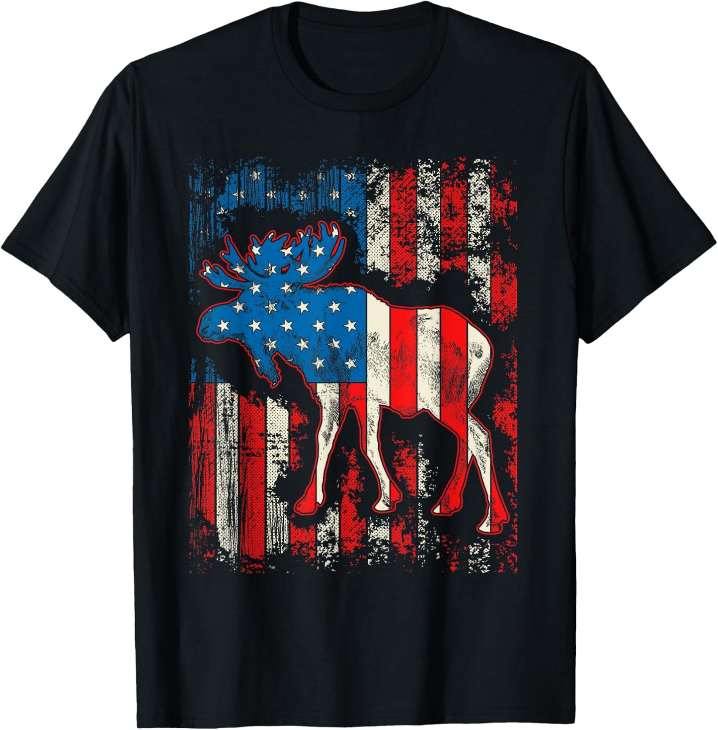 Moose USA American Flag 4th Of July Men Women Retro Vintage T-Shirt - T-Shirt | Black