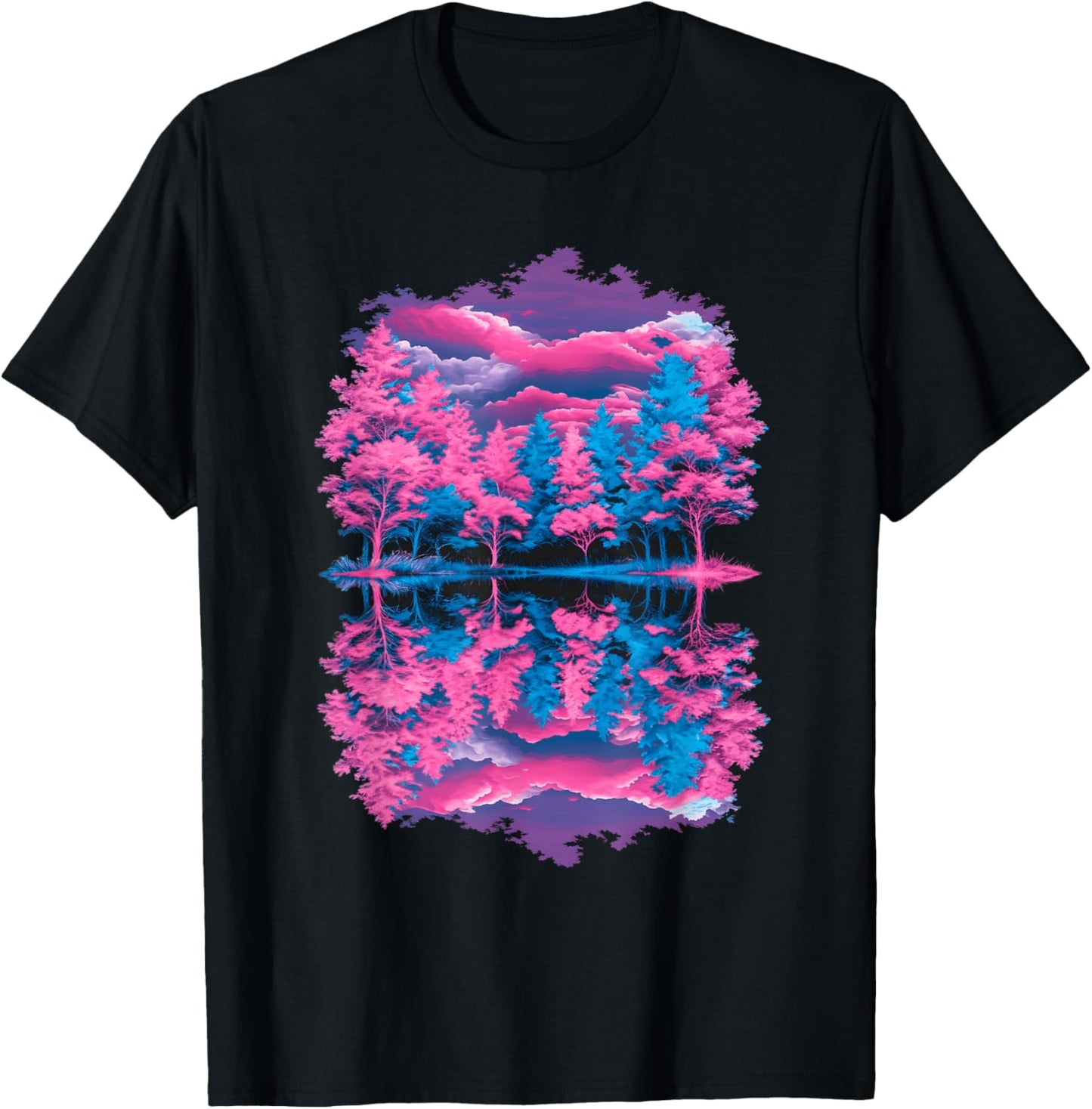 Pink Blue Vaporwave Retro Trees Reflection Serene Lake Art T-Shirt - T-Shirt | Black
