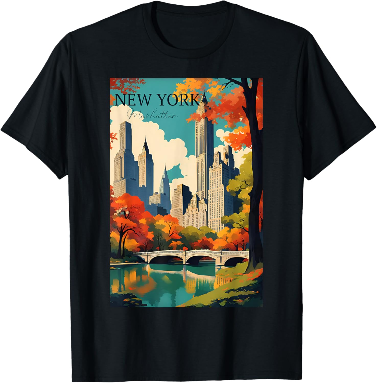 Manhattan New York Travel Poster Modern With A Vintage Style T-Shirt - T-Shirt | Black