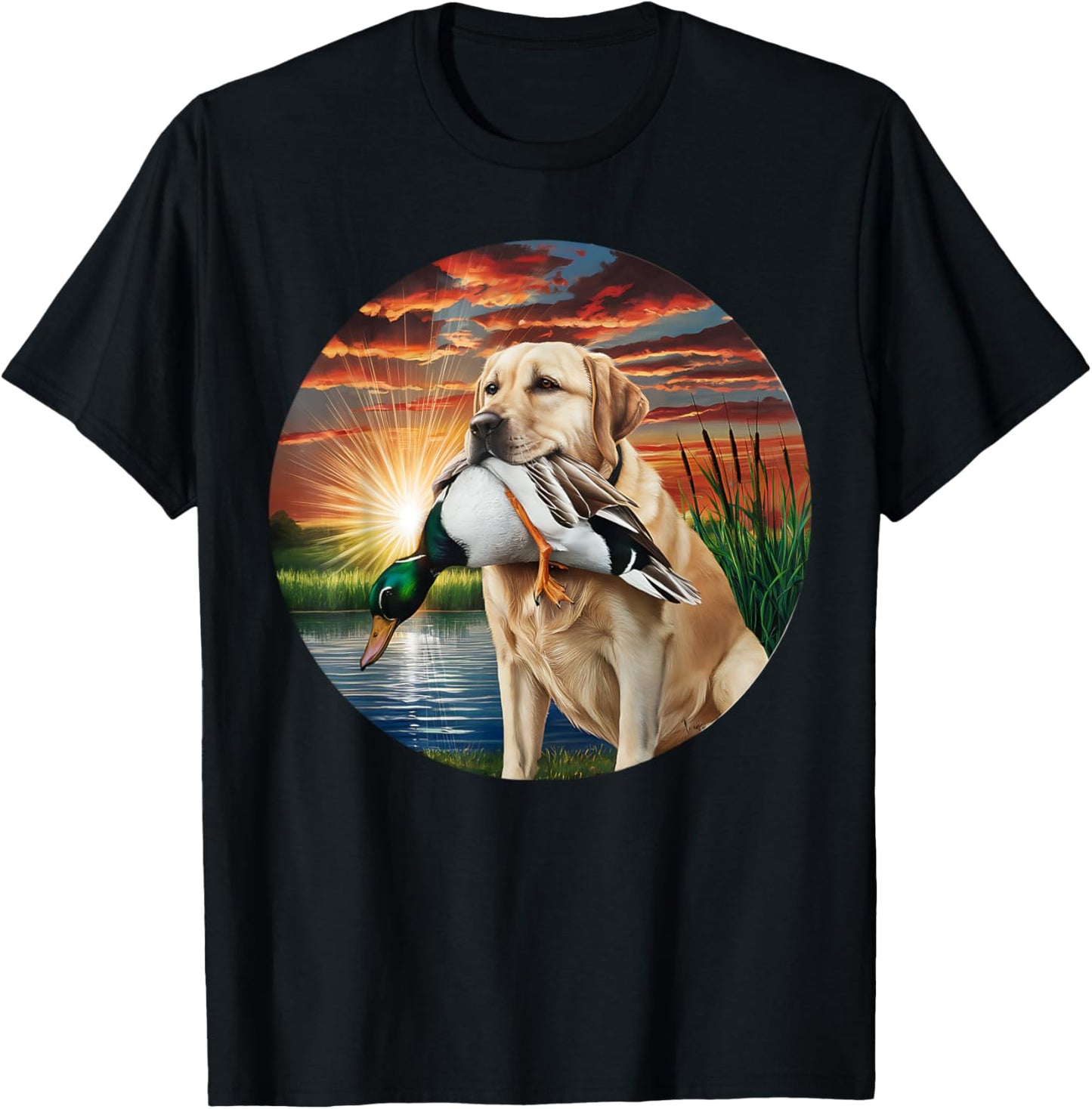 A Hunting Labrador Retriever dog with a duck in the sunset. Women T-Shirt - T-Shirt | Black