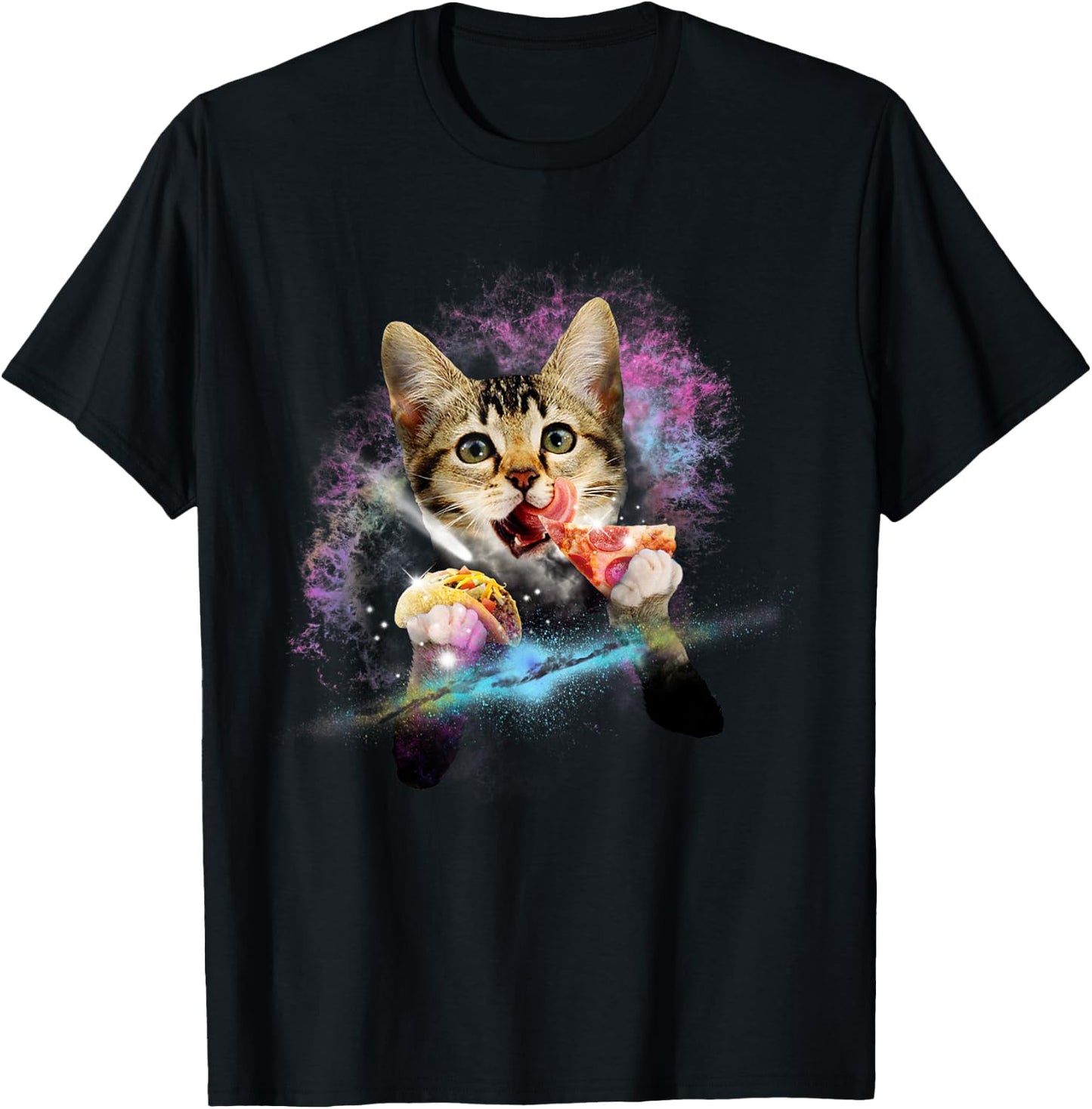 Galaxy Cat Rules Space With Taco And Pizza Power Gift T-Shirt - T-Shirt | Black