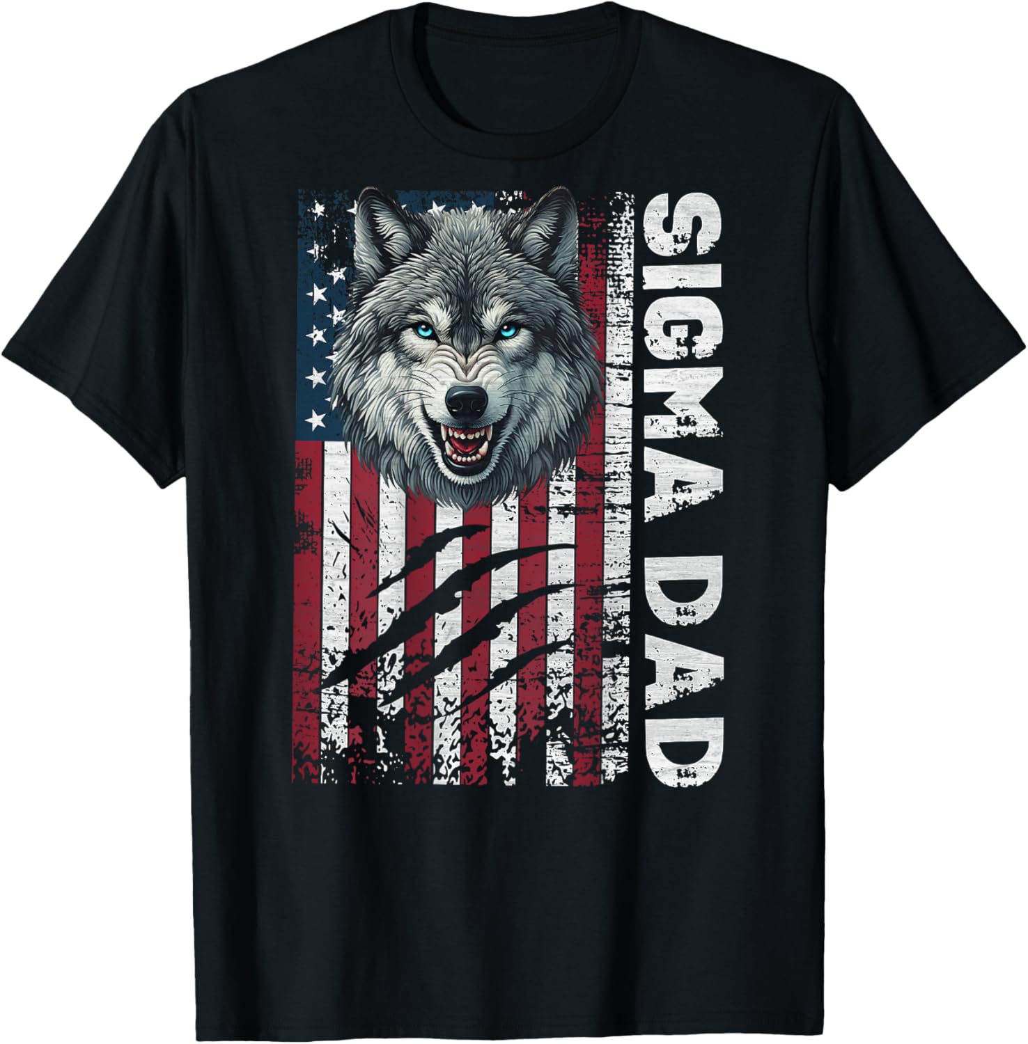 Sigma Dad Wolf Patriotic American Flag Sigma Male Meme T-Shirt - T-Shirt | Black