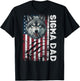 Sigma Dad Wolf Patriotic American Flag Sigma Male Meme T-Shirt - T-Shirt | Black
