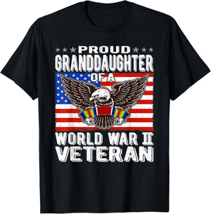Proud Granddaughter Of A World War 2 Veteran WW2 Ribbon Gift Women Kids Men T-Shirt - T-Shirt | Black