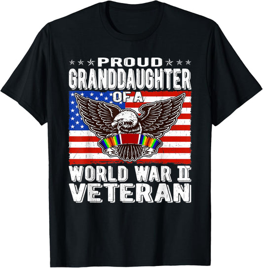 Proud Granddaughter Of A World War 2 Veteran WW2 Ribbon Gift Women Kids Men T-Shirt - T-Shirt | Black