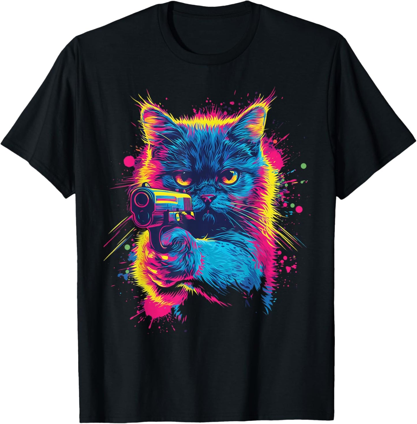 Dinosaurus Rekx Funny Cat With a Gun Graphic , Small, Black T-Shirt - T-Shirt | Black