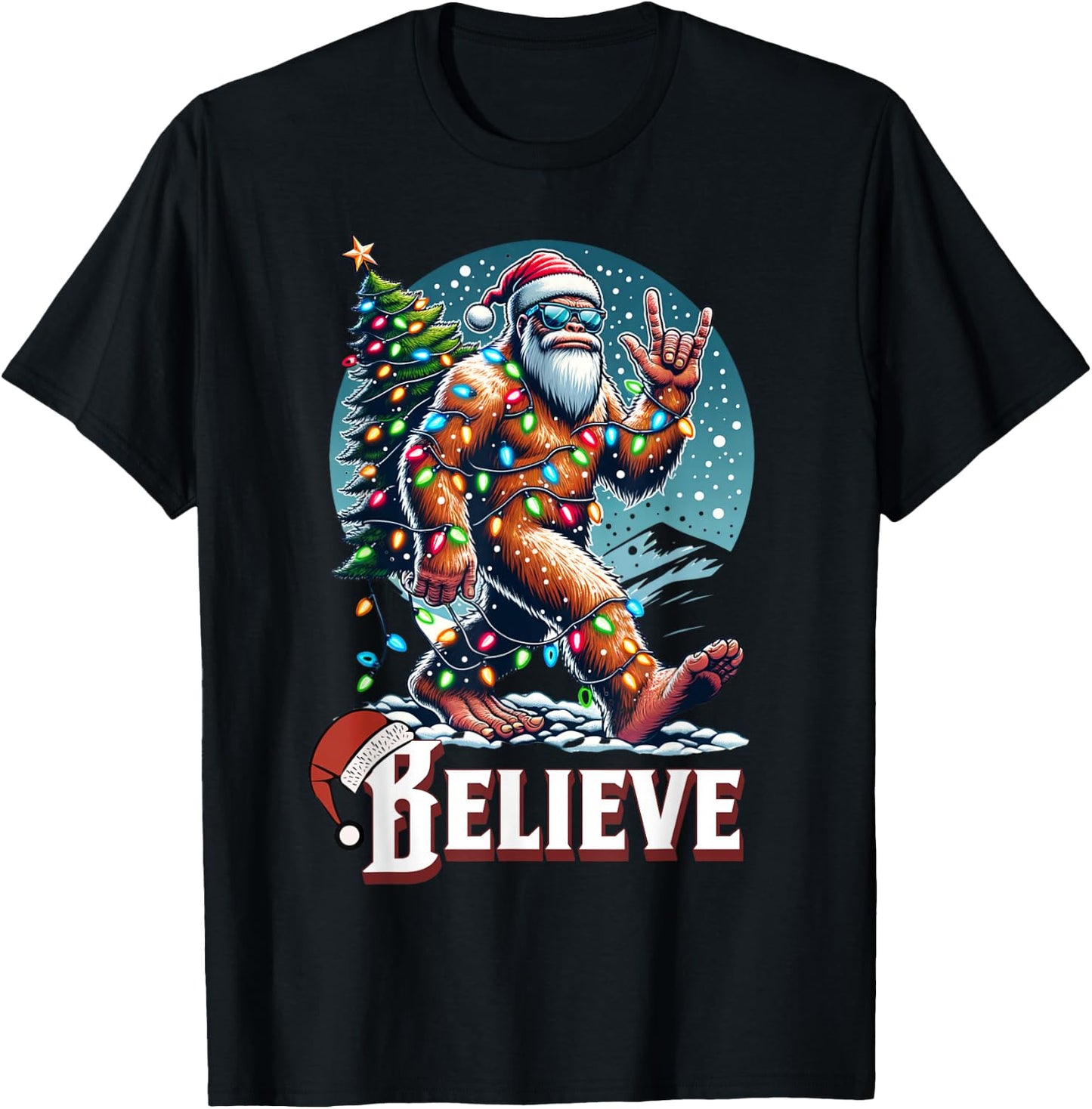 Santa Bigfoot Christmas Lights Funny Sasquatch Believe Xmas T-Shirt - T-Shirt | Black