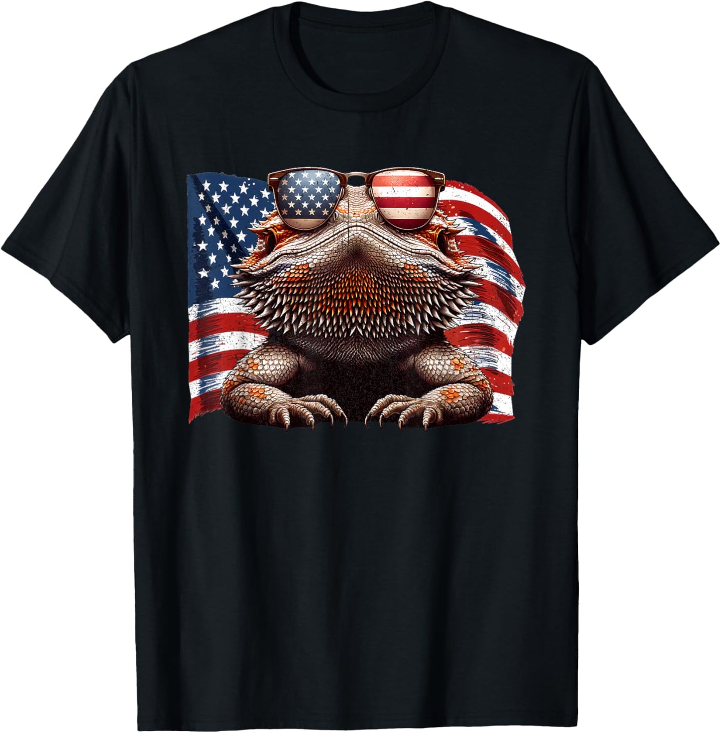 Bearded Dragon Reptiles Lovers American Flag Sunglasses Pets T-Shirt - T-Shirt | Black