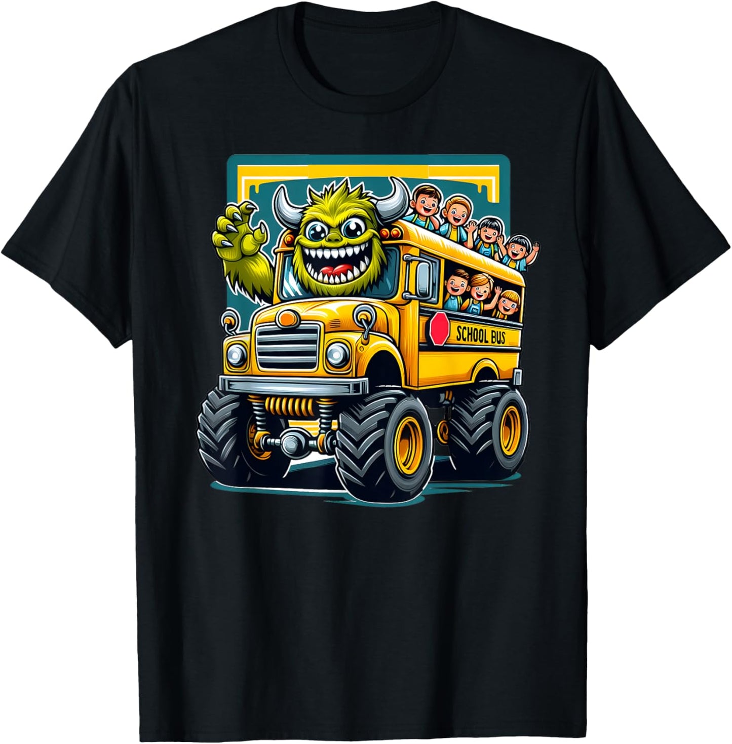 Monster Truck School Bus Illustration Funny Back To School T-Shirt - T-Shirt | Black