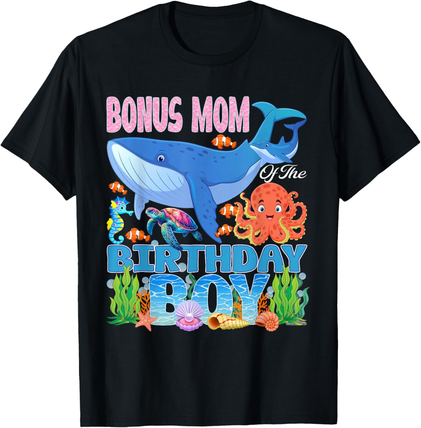 Bonus Mom of The Birthday Boy Aquarium Sea Animals Matching T-Shirt - T-Shirt | Black
