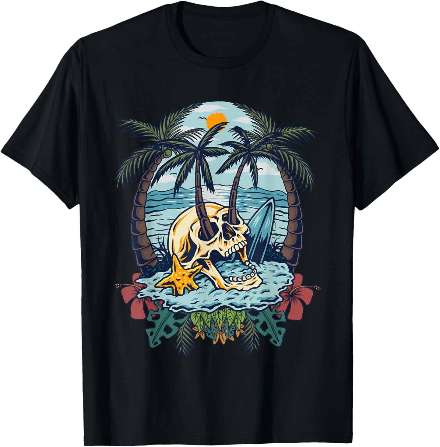 Vintage Palm Tree Skull Summer Beach Men Motorcycle Tattoo T-Shirt - T-Shirt | Black