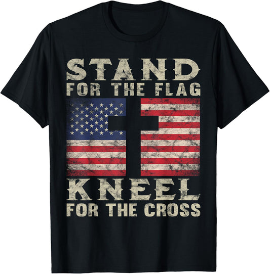 Christian Patriotic American Flag Stand Flag Kneel Cross T-Shirt - T-Shirt | Black