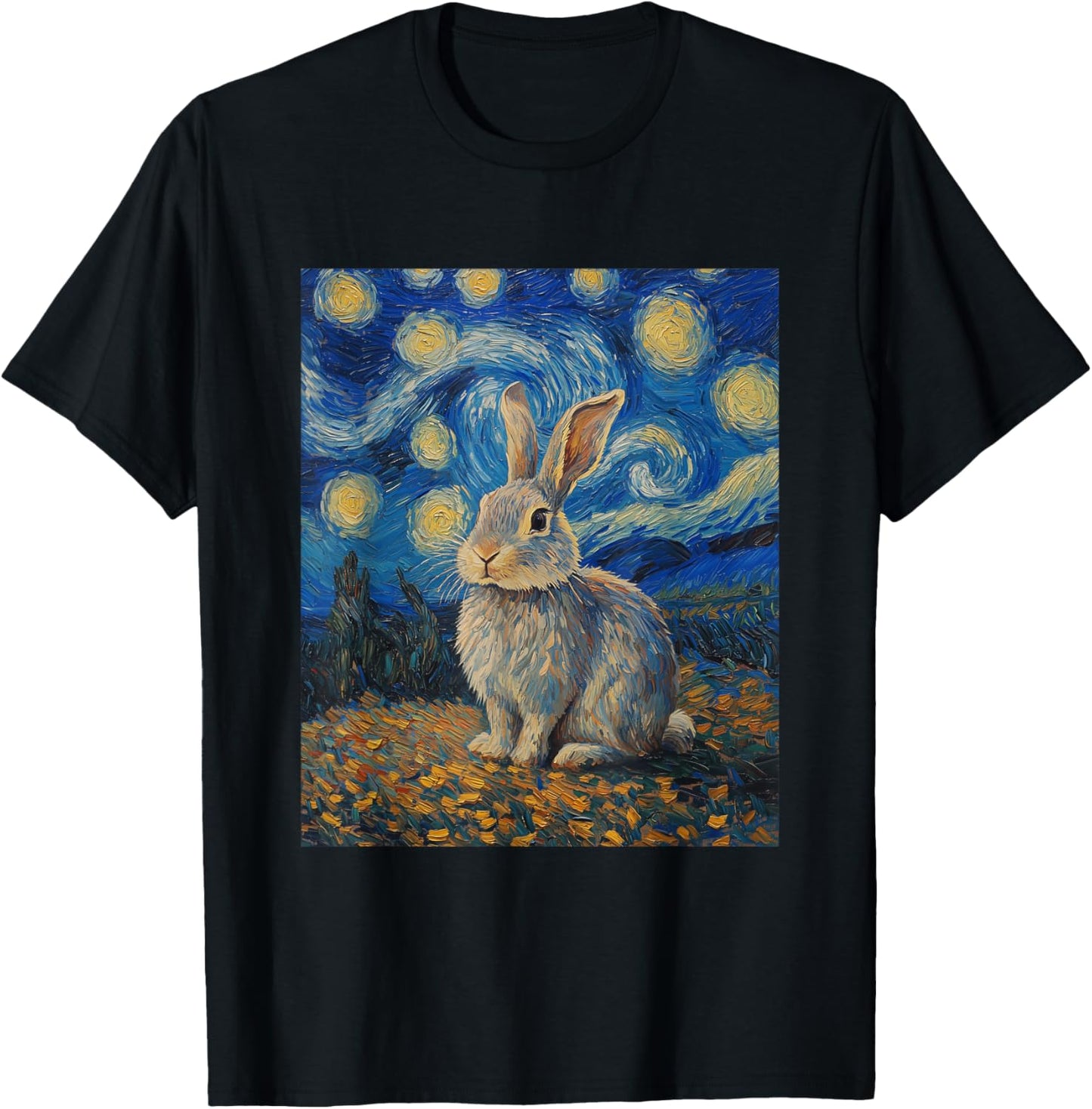 Cute Bunny Rabbit - Van Gogh Style - Starry Night T-Shirt - T-Shirt | Black