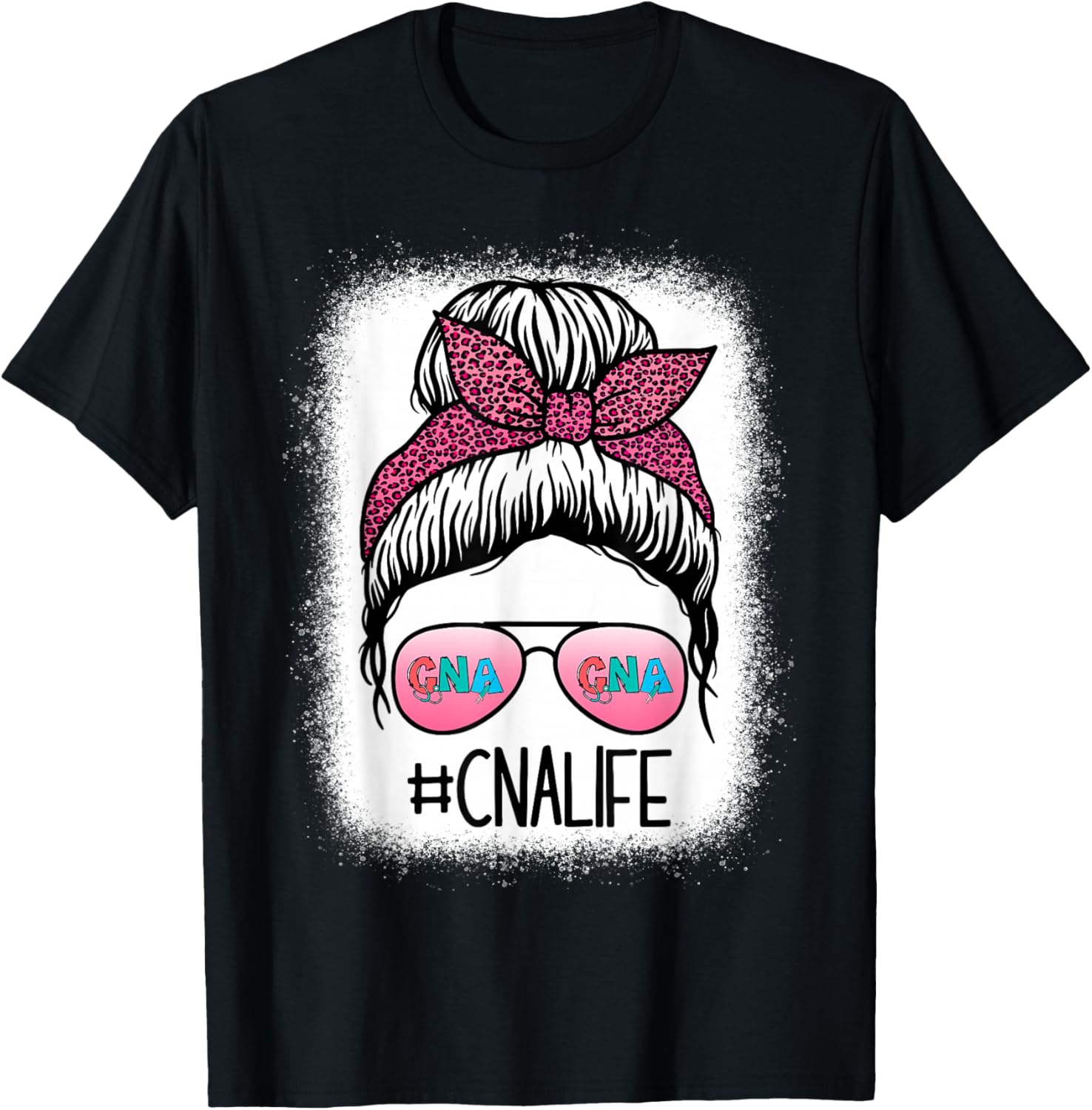 CNA Nurse Life Bleached Shirts Leopard Messy Bun Women T-Shirt - T-Shirt | Black