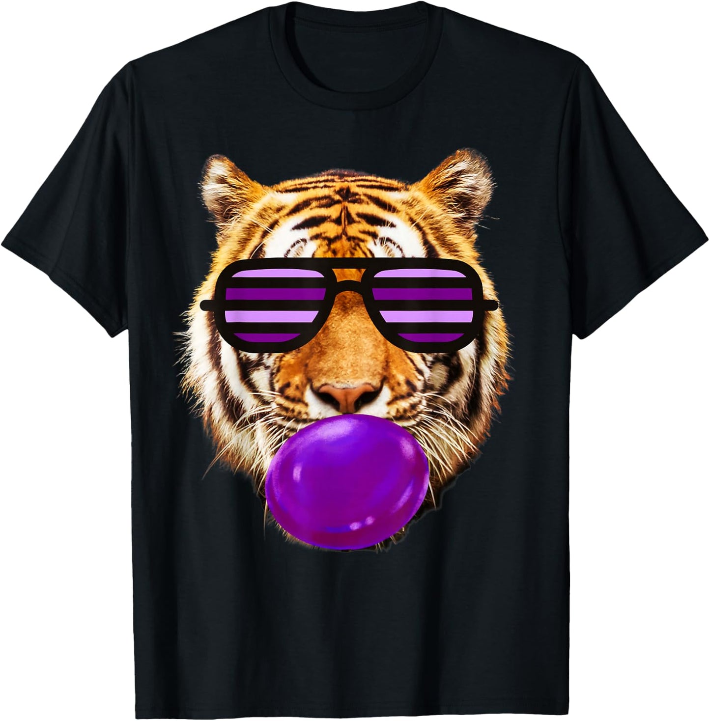 Purple bubble Gum tiger Stripe Cute Tiger with sunglasses T-Shirt - T-Shirt | Black