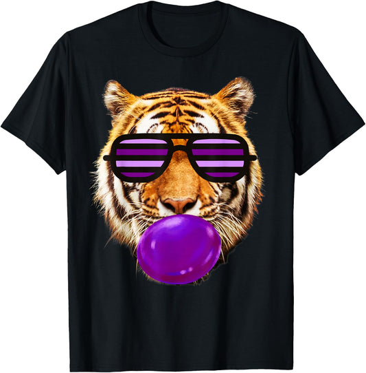 Purple bubble Gum tiger Stripe Cute Tiger with sunglasses T-Shirt - T-Shirt | Black