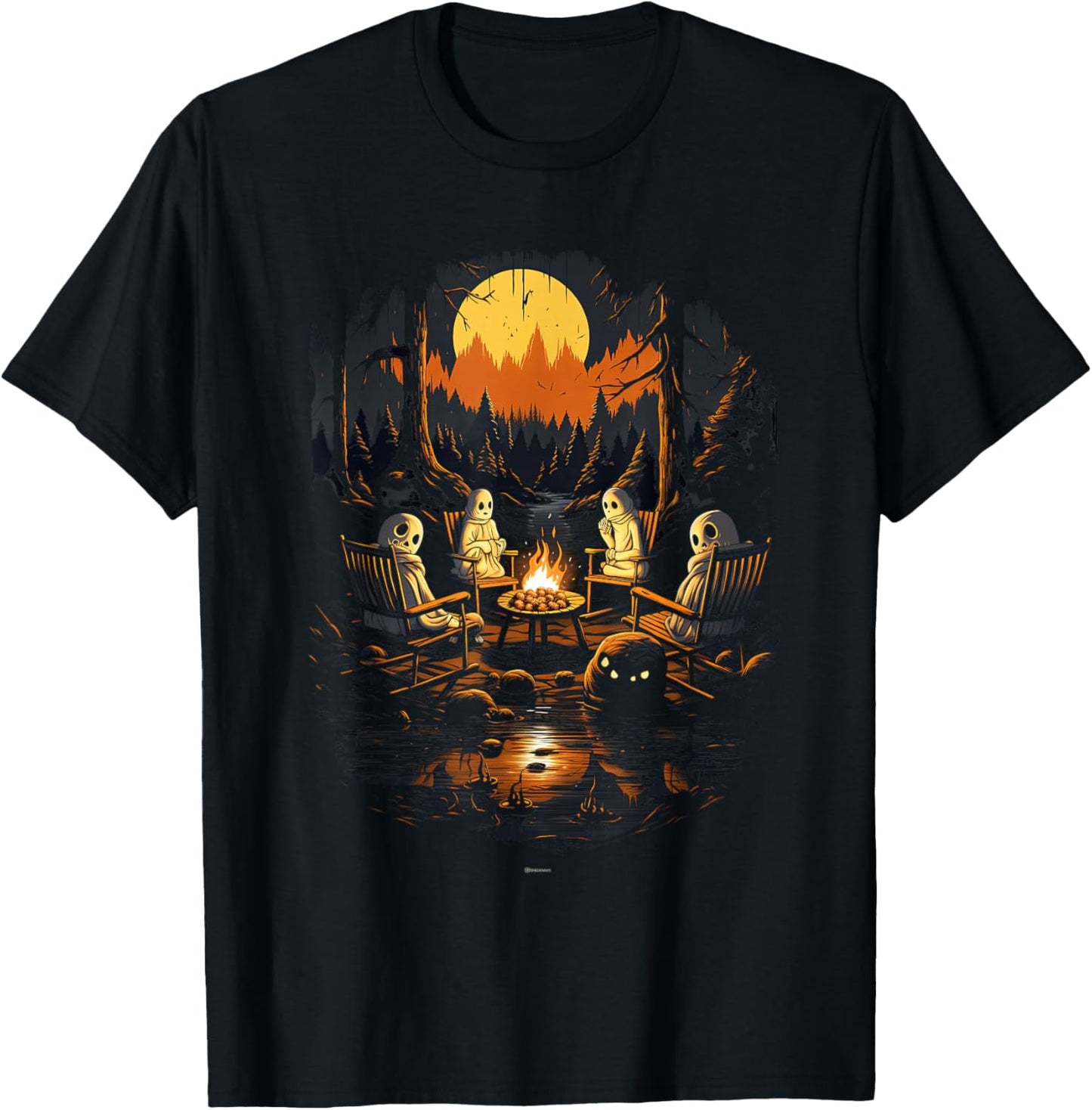 Vintage Ghost and Skeleton by Fire Camping Gothic Halloween T-Shirt - T-Shirt | Black