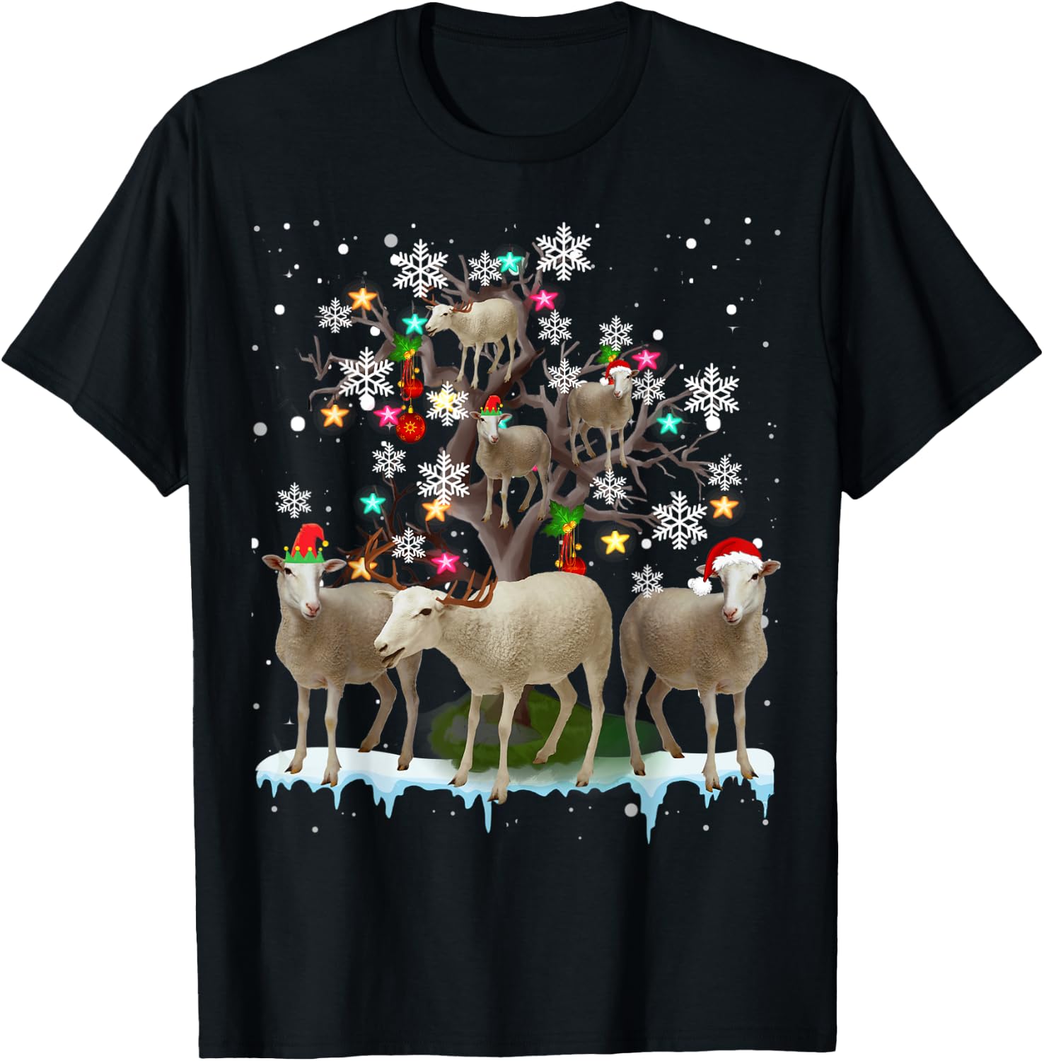 Christmas Sheep On Tree Funny Santa Sheep Lover Gifts T-Shirt - T-Shirt | Black