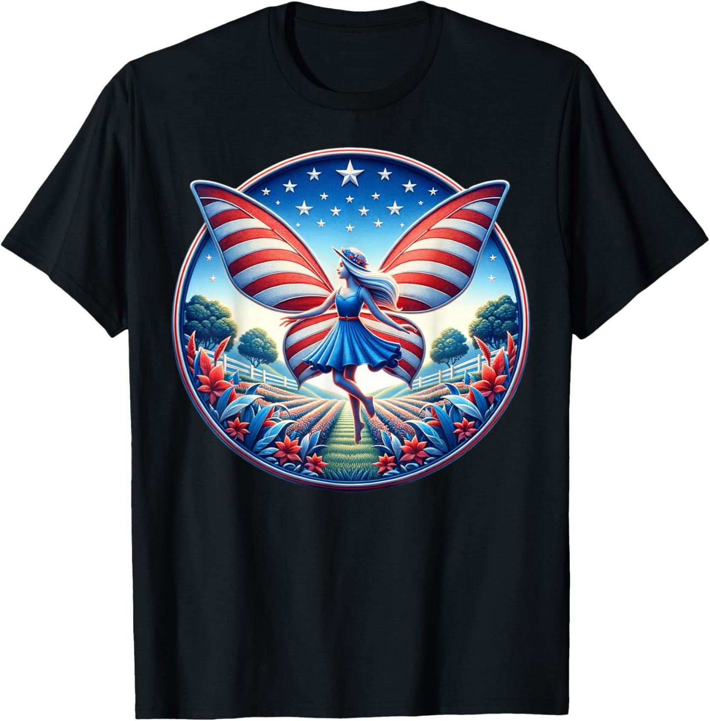 Girl With Butterfly Wings AmericanThemed Background For T-Shirt - T-Shirt | Black