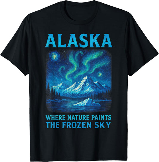 Alaska - Northern Lights Van Gogh Style, Aurora Borealis T-Shirt - T-Shirt | Black