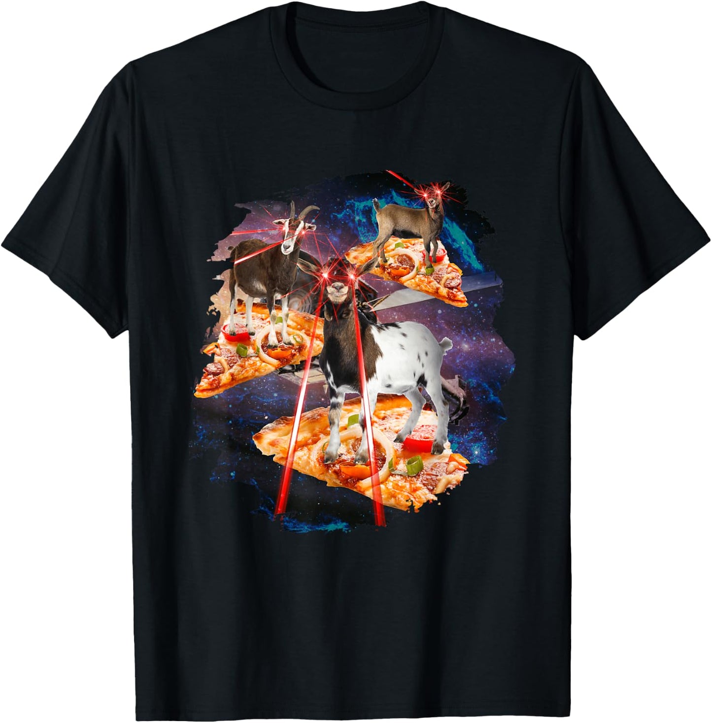 Goat with laser eyes, goats, house goat, laser space, pizza T-Shirt - T-Shirt | Black