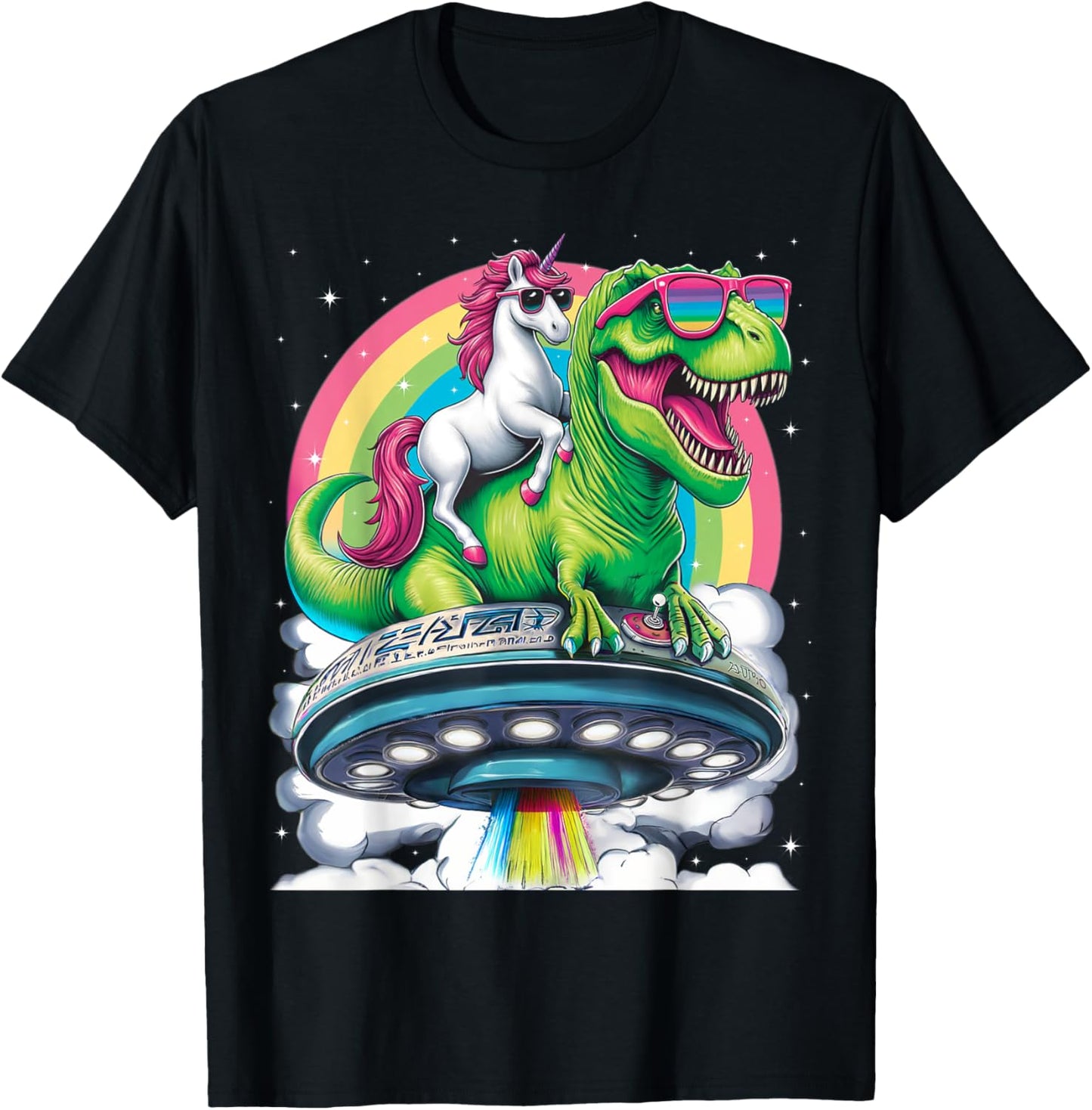 Unicorn Riding T Rex UFO Dinosaur Boy Girl Men Women Rainbow T-Shirt - T-Shirt | Black