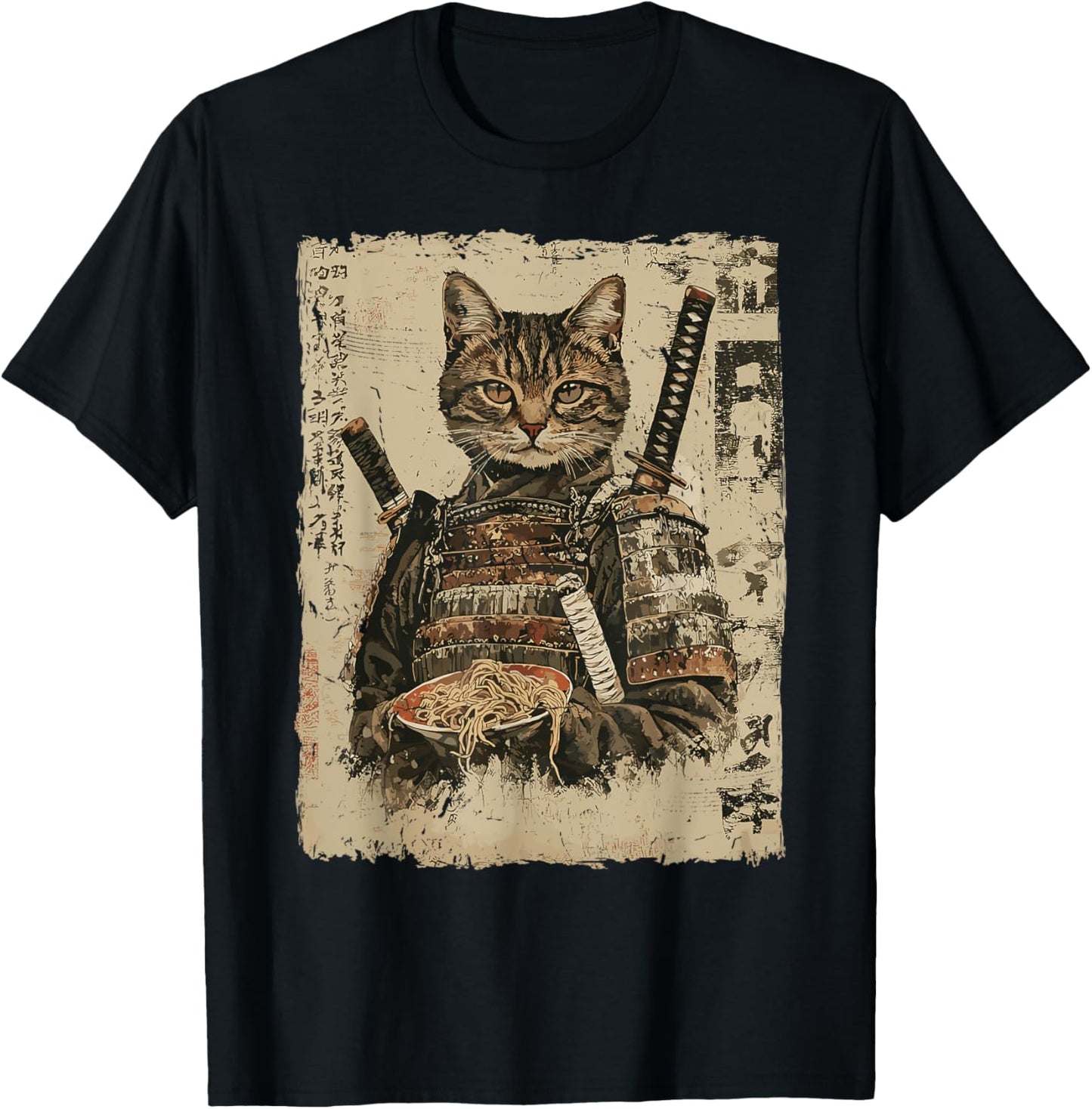 Samurai Cat Loves Ramen Funny Anime Japanese Artwork Samurai T-Shirt - T-Shirt | Black